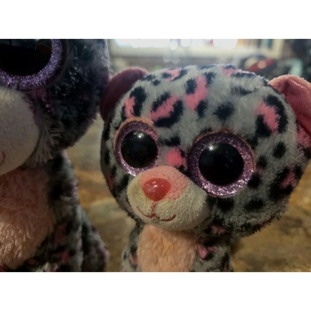Lot Of 2! Ty Beanie Boos TASHA the Pink & Grey Leopard. Sparkly Eyes. 6&8